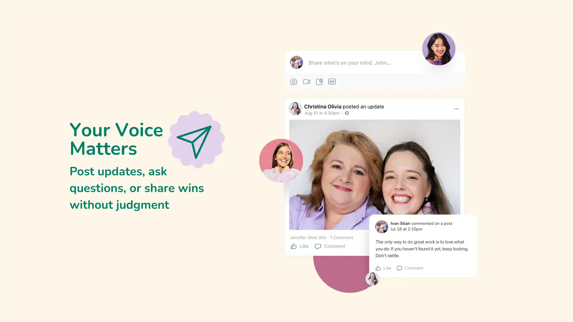 Sharing voice, updates, questions, and sharing wins on Alivio Plus social platform for wellness and community engagement.