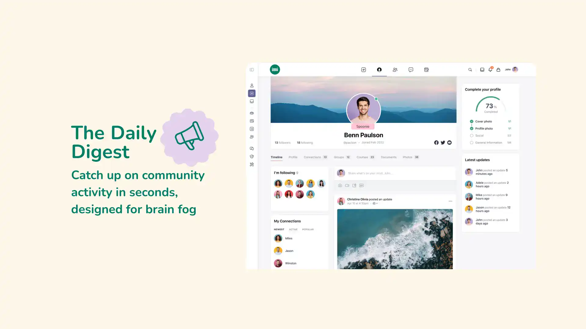 Clean social media profile dashboard highlighting community engagement features.