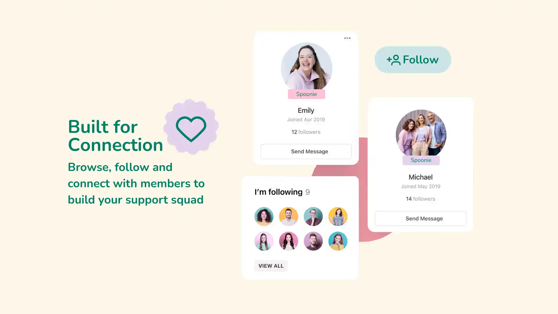 Empowered social connection app interface for browsing, following, and messaging members on Alivio Plus.