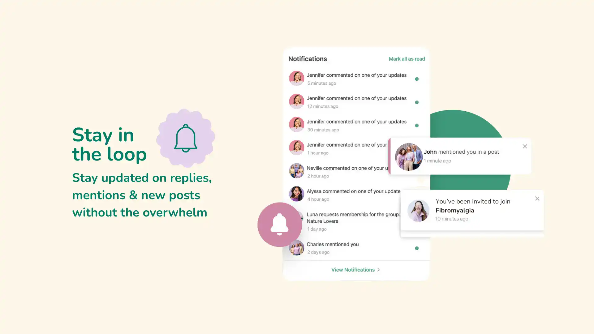 Stay connected with real-time notifications, updates, and mentions on Alivio Plus platform.