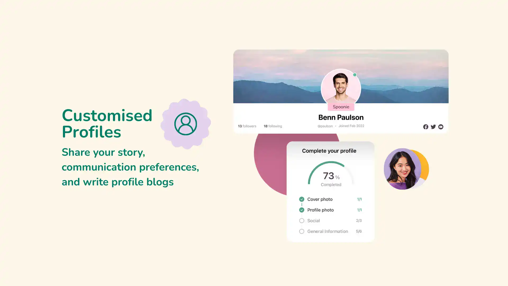 Profile customization options for sharing stories, communication preferences, and writing profile blogs on Alivio Plus.