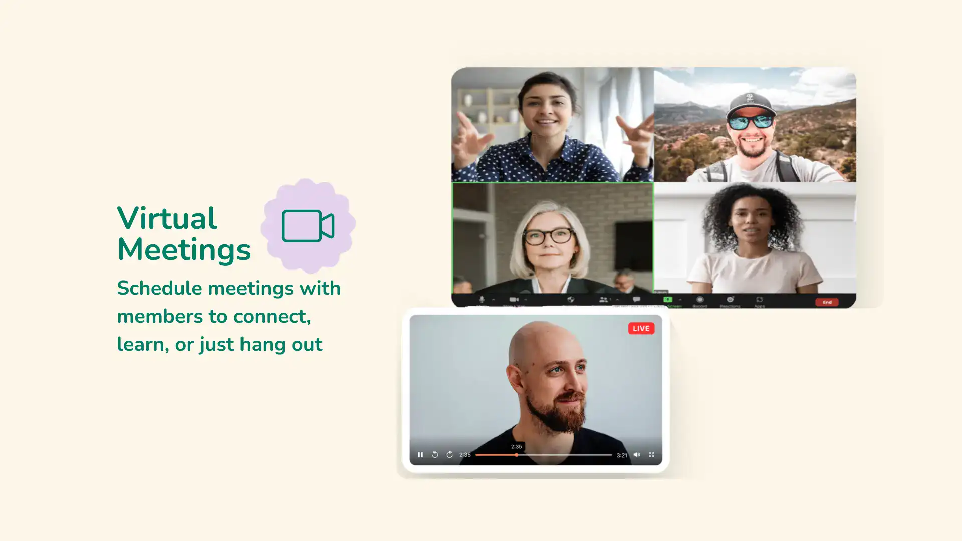 Online virtual meetings for remote connection, learning, and socializing with team members.